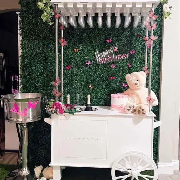 A white cart adorned with butterflies and flowers stands before a lush green hedge. It is stocked with champagne bottles, a stuffed bear, and a pink cake. A "Happy Birthday" sign hangs above it. Nearby, an ice bucket gleams, poised to add an extra touch of sparkle to your slumber party or teepee celebration when you choose our XL Outdoor Games Addon party service.