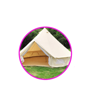 A beige bell tent with its entrance open stands ready for a slumber party, set up on a grassy area with trees in the background. The image is framed by a pink circle.