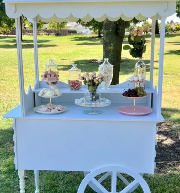 An Elegant White Snack or Candy Cart Rental, styled in a vintage fashion stocked with various sweets and adorned with flowers under a tree in a grassy area.