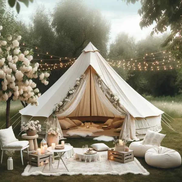 Backyard Glamping birthday party bell tent decorated with flowers, surrounded by candlelit tables, cushions, and hanging lights in a serene garden setting, perfect for a Boho White Party Theme.