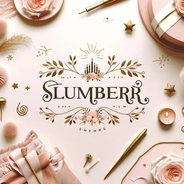 Decorative event invitation with the word "slumber" in gold, surrounded by floral motifs, on a pink background with scattered Central Florida's Party Event Planning Service accessories.