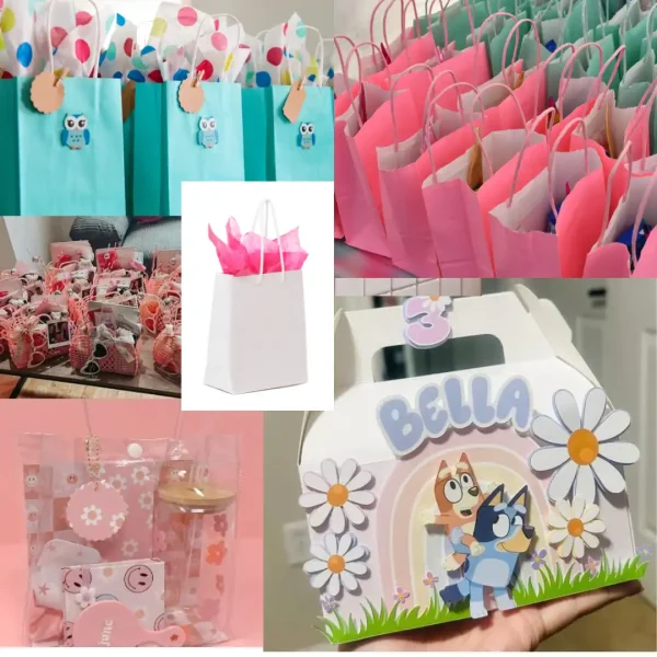 A collage of various Custom Gift Baskets Addon and gift bags: colorful polka dot, themed pink and blue, clear bags with assorted items inside, a plain white bag with tissue paper, and a cartoon-themed box labeled "Bella.