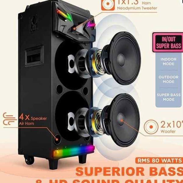 A black, high-powered Karaoke Machine Rental with multiple visible components including tweeters, a horn, and woofers, illuminated by LEDs, advertising features like superior bass and HD sound quality.