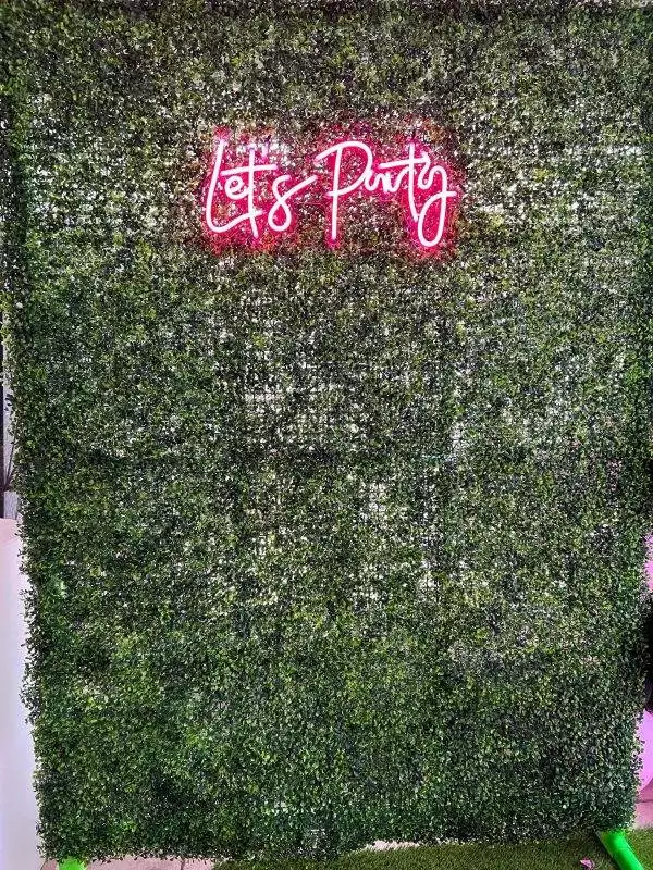 The Large Greenery Photo Backdrop with Neon Sign provides an ideal setting, effortlessly enhancing any kids party rental or teepee setup with its vibrant green foliage and striking "Let's Party" neon sign at the top.