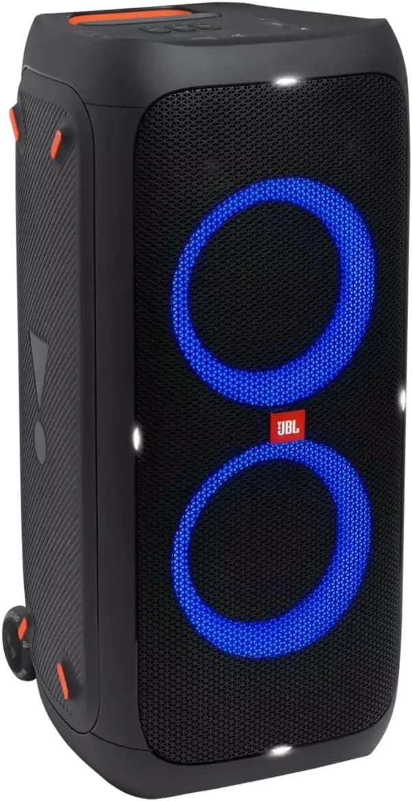 Experience high-quality sound with the stylish JBL Bluetooth speaker featuring eye-catching design elements. This black speaker is meticulously crafted with two striking circular blue LED lights on its front, enhancing its modern aesthetic. Its sleek, rectangular form boasts rounded edges and a textured surface adorned with subtle hints of orange, exuding elegance and functionality. Perfect for rental use, the JBL logo is prominently showcased between the LED lights, while user-friendly control buttons are strategically placed on top for easy access. Elevate your Outdoor Movie Night setup by pairing this exceptional speaker with an Outdoor Projector and Inflatable Screen for an unforgettable cinematic experience under the stars. Ideal for enthusiasts seeking premium audio quality and visual appeal in their outdoor entertainment systems.