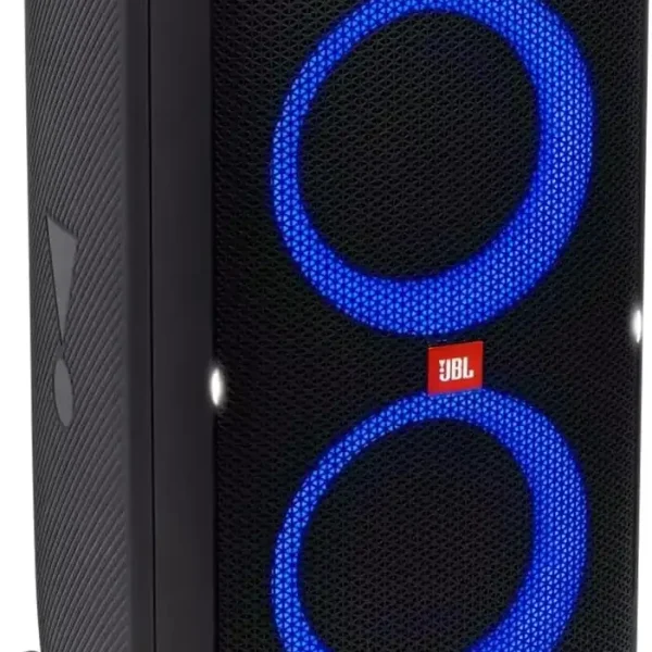 Experience high-quality sound with the stylish JBL Bluetooth speaker featuring eye-catching design elements. This black speaker is meticulously crafted with two striking circular blue LED lights on its front, enhancing its modern aesthetic. Its sleek, rectangular form boasts rounded edges and a textured surface adorned with subtle hints of orange, exuding elegance and functionality. Perfect for rental use, the JBL logo is prominently showcased between the LED lights, while user-friendly control buttons are strategically placed on top for easy access. Elevate your Outdoor Movie Night setup by pairing this exceptional speaker with an Outdoor Projector and Inflatable Screen for an unforgettable cinematic experience under the stars. Ideal for enthusiasts seeking premium audio quality and visual appeal in their outdoor entertainment systems.