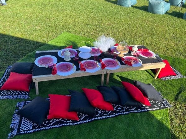 A picnic setup with a low wooden table, red and black cushions on patterned mats, plates set with red napkins, and food items displayed on the table under a cozy teepee on a grassy area.