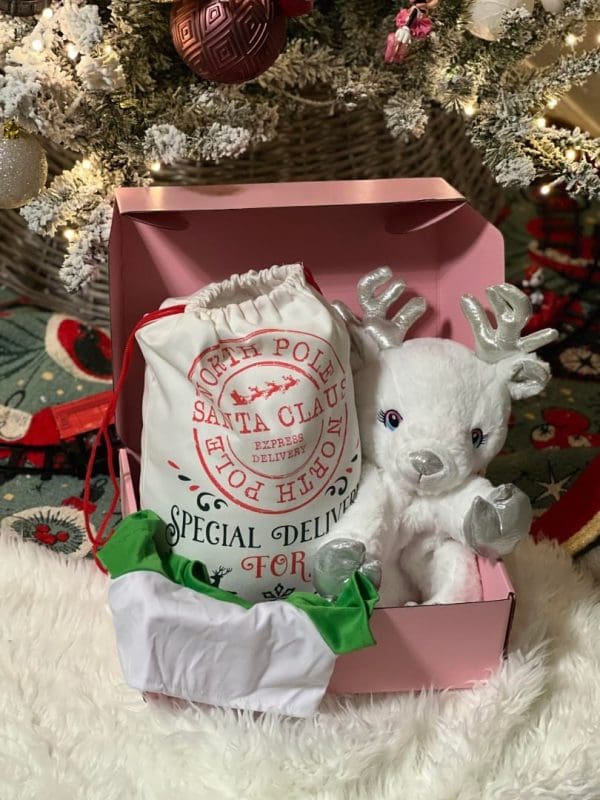 A white reindeer plush toy and a "north pole" themed bag in a pink Holiday Build A Stuffed Animal Party Box under a Christmas tree.