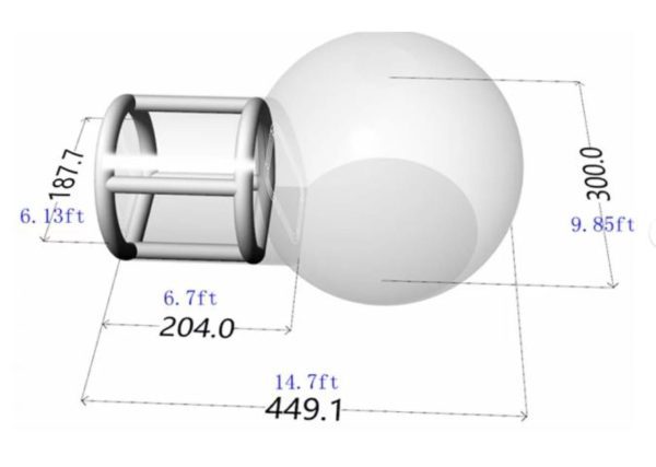 3d illustration of an Enchanting Bubble Balloon House Rental attached to a cylindrical component with dimensional annotations in feet and meters.