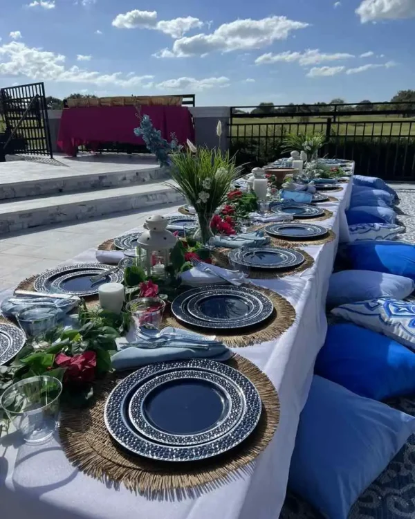 Outdoor dining table set for a meal with elegant blue and white plates, woven placemats, floral centerpieces, and a scenic Central Florida backdrop.