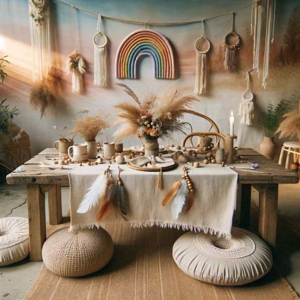 A cozy Boho Rainbow Party Theme dining setup with a rustic wooden table, adorned with candles, floral arrangements, and a macrame rainbow decoration in a softly lit room.