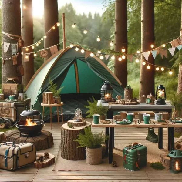 A cozy Camping Party Theme setup in a forest with a tent, lit string lights, campfire, and a neatly arranged camping table with supplies.