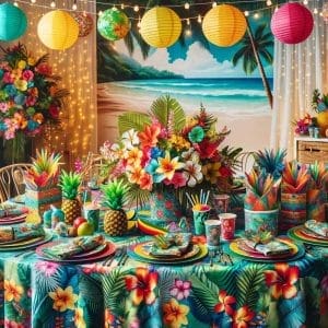 A vibrant Tropical Blast Party-themed table setting with colorful decorations, floral arrangements, and beach backdrop.