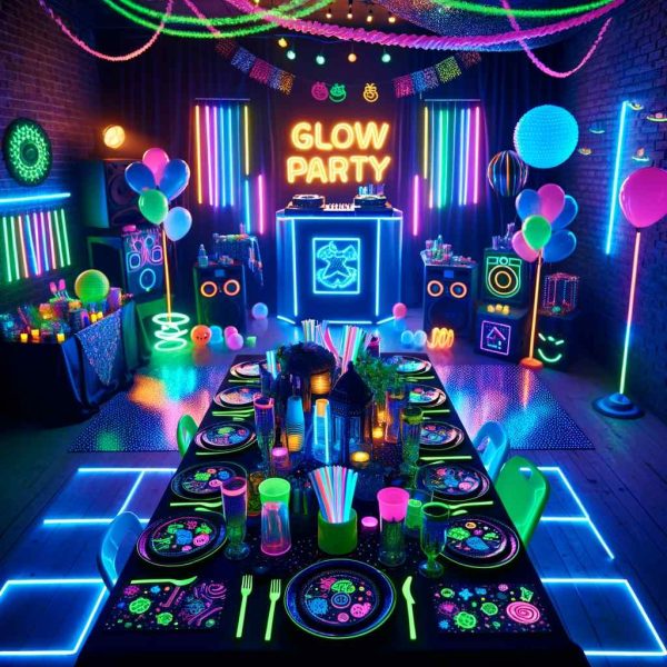 Colorful glow party theme with neon lights, decorated table, balloons, and a "glow party" sign, creating a vibrant atmosphere.