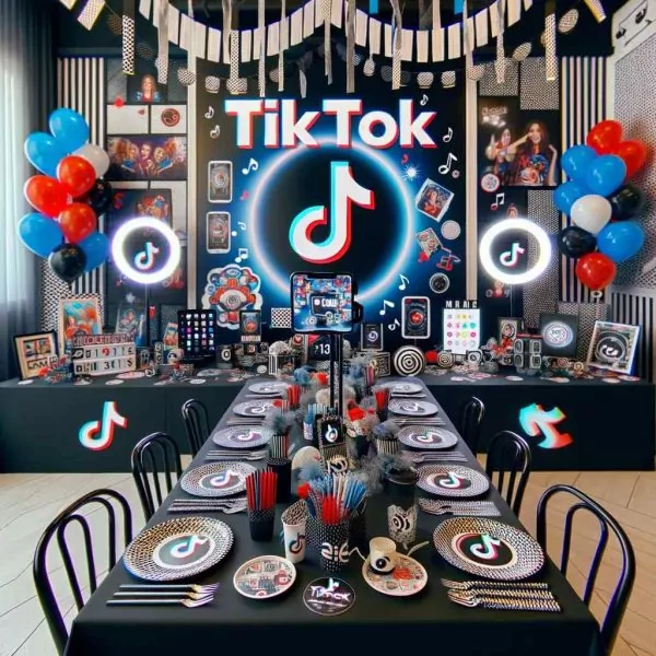 A TikTok Party Theme room decorated with branded balloons, banners, and table settings, featuring a large TikTok logo backdrop.