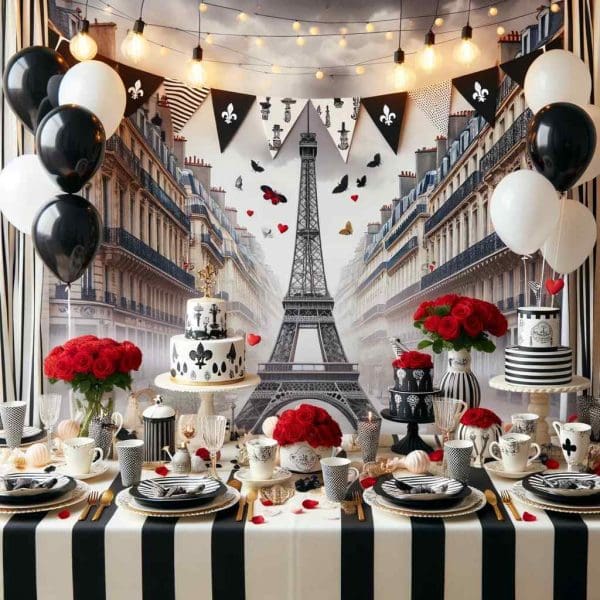 Paris France Party Theme-themed party table setup with Eiffel Tower backdrop, black and white striped tablecloth, red roses, and elegant tableware.