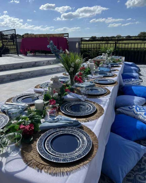 Elegantly set outdoor dining table for an adult party, with blue and white themed dinnerware, floral centerpieces, and rural landscape in the background.