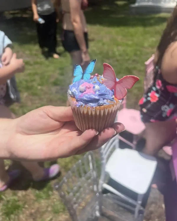 A hand holds a cupcake adorned with purple frosting and butterfly-shaped toppers, exuding a touch of luxury, while in the background, people can be seen enjoying the grassy area where Luxury Soft Play Packages have been set up.