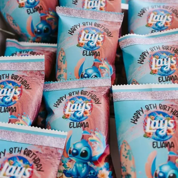 Assorted Lay's chip bags customized with "Happy 8th Birthday Eliana" and a colorful cartoon character theme are displayed, perfect for capturing in one of our Event Photography Packages.