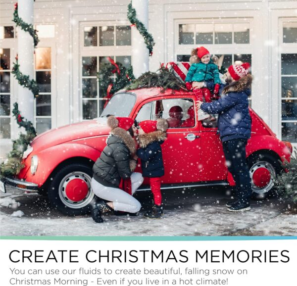 A joyful family of four, bundled up in cozy winter attire, gathers around a vibrant red Volkswagen Beetle. The iconic vehicle is topped with a beautifully decorated Christmas tree, while mesmerizing snowflakes gently fall from above. This enchanting snowfall, courtesy of the "Snow Machine Rental – Bring Winter Wonderland to Your Event," transforms the scene into an idyllic winter wonderland setting. The image captures the magic of the holiday season and the nostalgic charm of a classic Christmas under a cascade of whimsical snow in this heartwarming family snapshot.