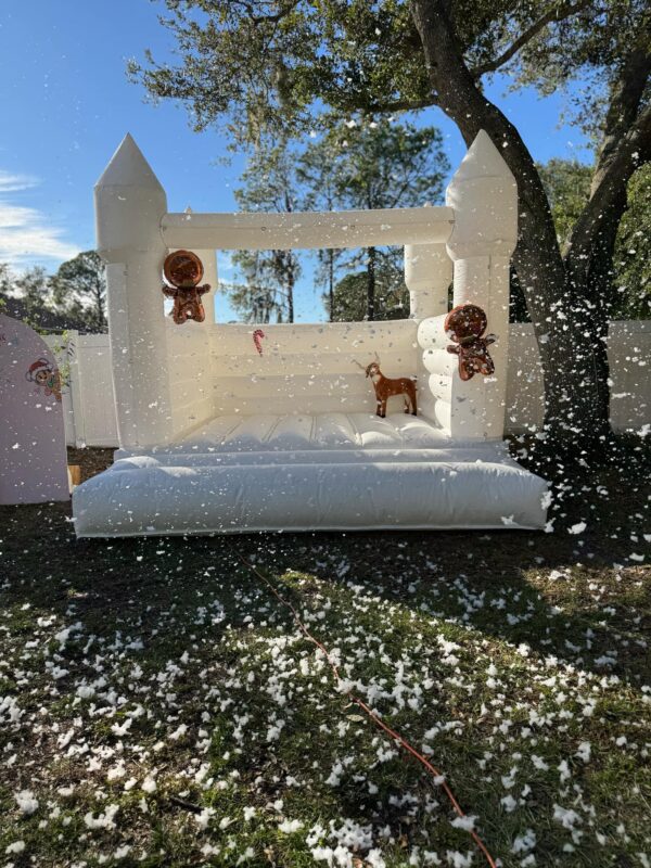 Experience the magic of winter wonderlands with our enchanting outdoor white inflatable bounce house, beautifully adorned with whimsical gingerbread figures and a festive reindeer. Transform your event into a captivating snowy paradise, with scattered faux snowflakes covering the ground, all made possible through Snow Machine Rental's exceptional services. Perfect for holiday parties and events that evoke seasonal cheer and imaginative fun!