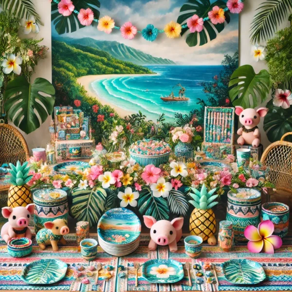 Transform your living space into a tropical paradise Moana Party with this enchanting Moana-themed party table setting. Immerse your guests in the vibrant allure of the islands, adorned with exquisite floral decorations that capture the essence of Polynesian beauty. The vividly colored dishes add a splash of exotic charm, while plush Moana and friends toys bring beloved characters to life, delighting attendees young and old. Perfectly set against a stunning beach mural backdrop, this setup creates an unforgettable atmosphere for a tropical-inspired slumber party that transports everyone straight into Moana's adventurous world. Experience island magic with striking decor that's not only visually captivating but also optimized for creating lasting impressions at any celebratory gathering.